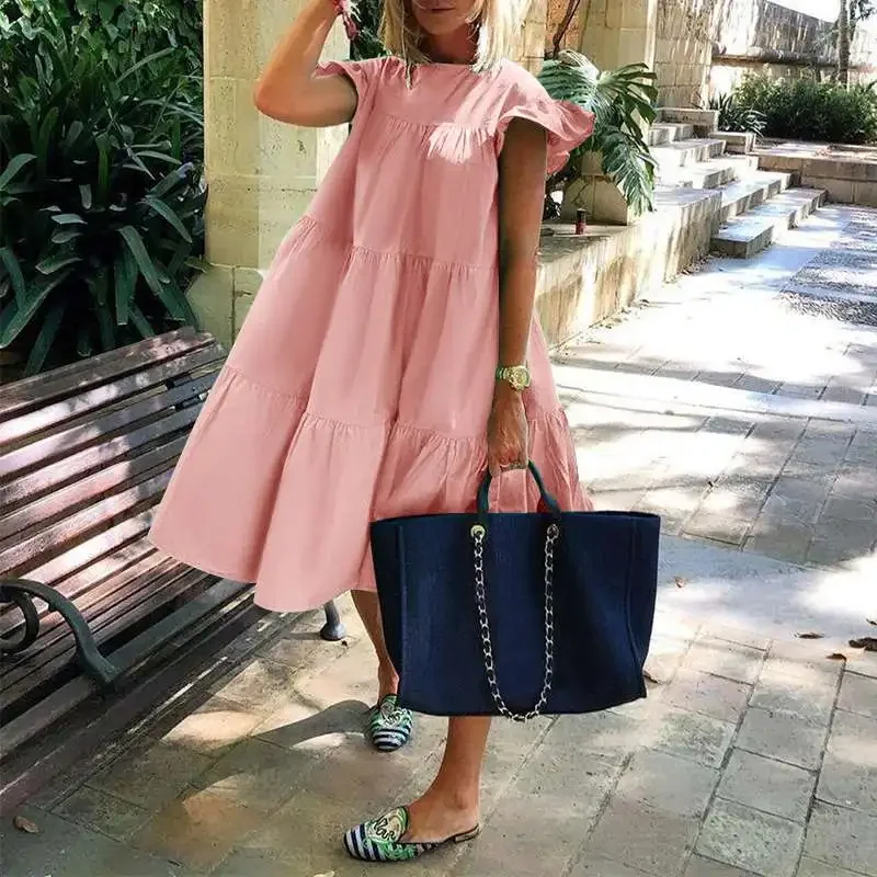 

Women Summer Dress 2024 Casual Loose Short Sleeve Party Dresses Sweet O Neck Ruffled A Line Female Robe Vestidos Dress Oversize