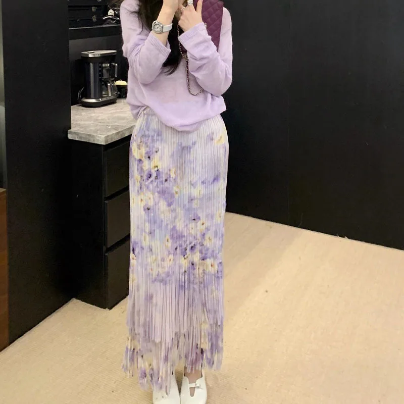 Elastic high waisted purple tassel skirt for summer 2025, straight tube mid length pleated A-line skirt  korean style