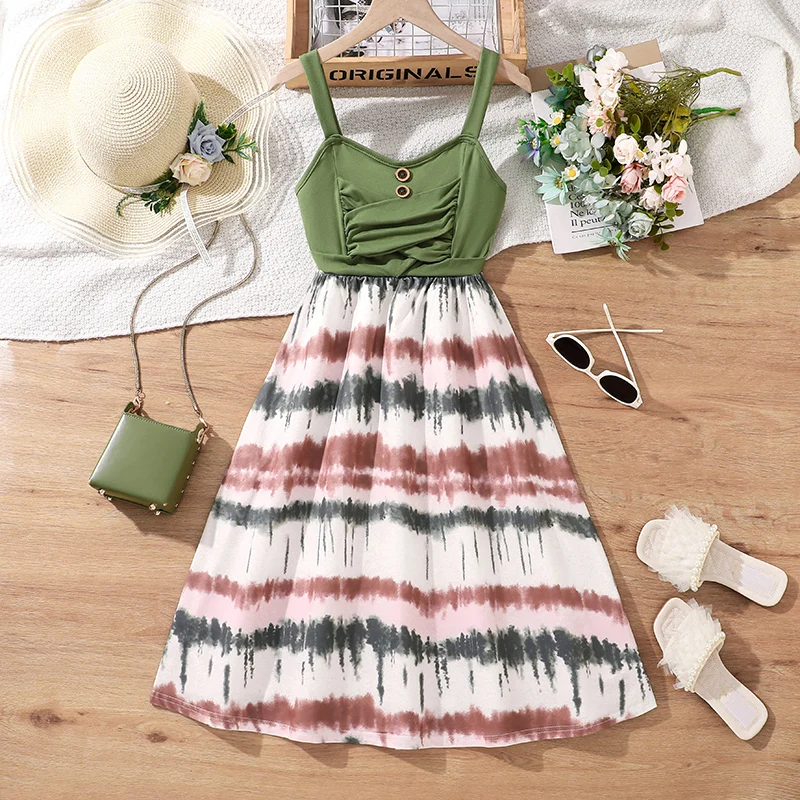 Girls Summer Spaghetti Strap Dress for 8-12Y, Green Spliced Tie Dye Print A-line Sundress, Decorative Buttons Casual Kids Dress