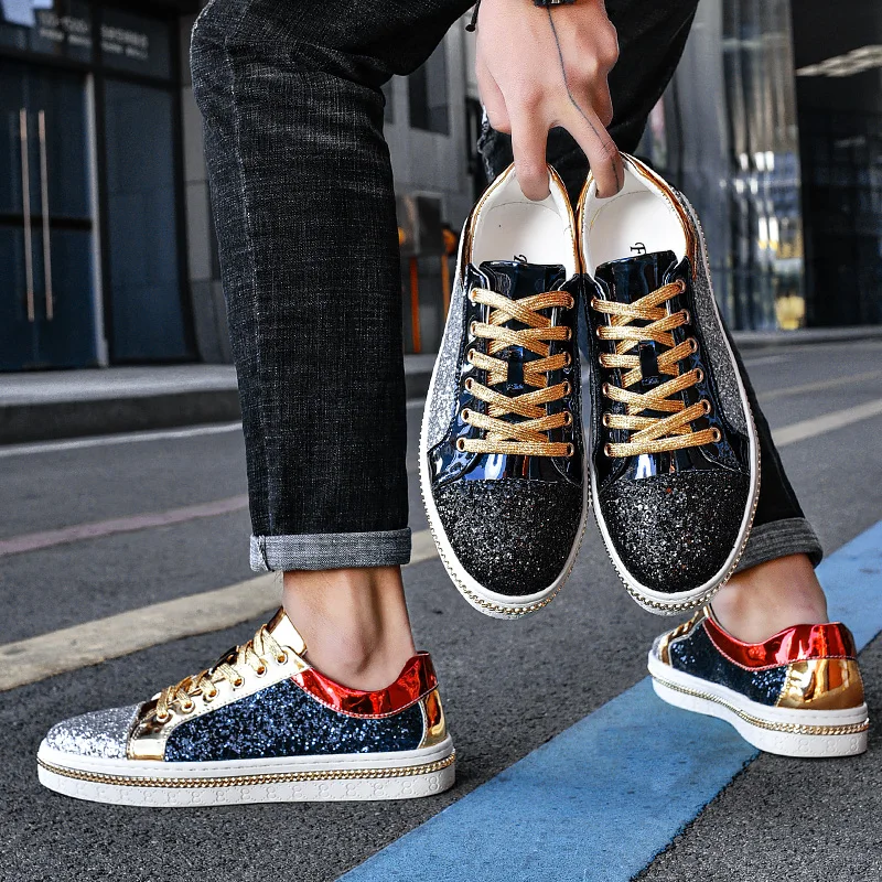 High-Quality Couples Luxury Sequined Shoes Trend Color Matching Low Skateboard Sneakers Man Comfortable Soft Shiny Shoes For Men