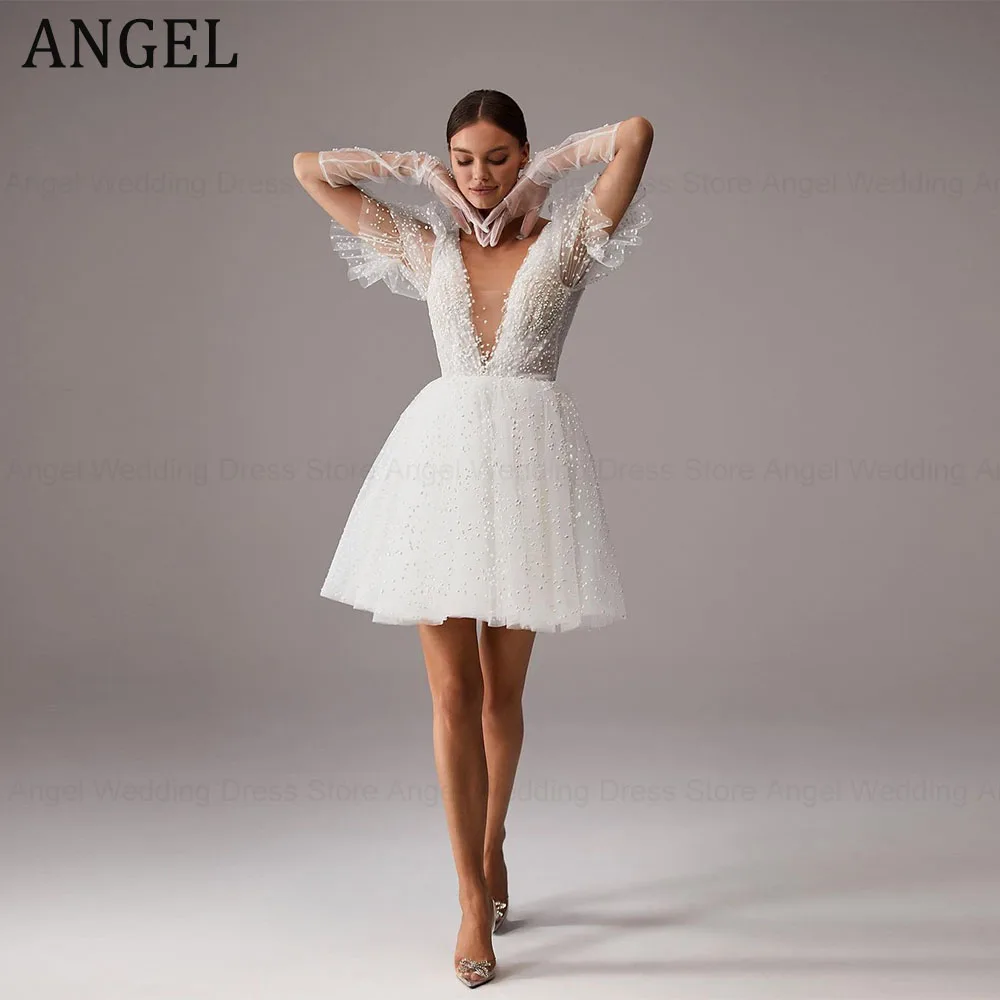 

ANGEL V-Neck Short Mini Wedding Dresses Dot Lace Tulle Beach Bride Gowns Backless Above Knee Bohemian Bridal Dress