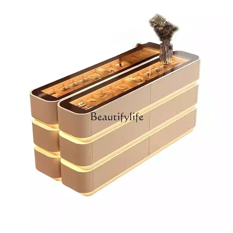 

13Cream style jewelry cabinet storage French light luxury Nakajima platform extremely narrow cabinet with lamp
