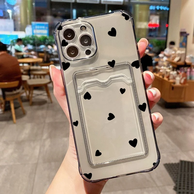 Hülle für iPhone 18 17 16 15 14 13 12 11 Pro Max Schwarz Weiß Herz Transparente Handyhülle für iPhone 16 Plus Brieftasche Kartenfach Hülle – Detail 14