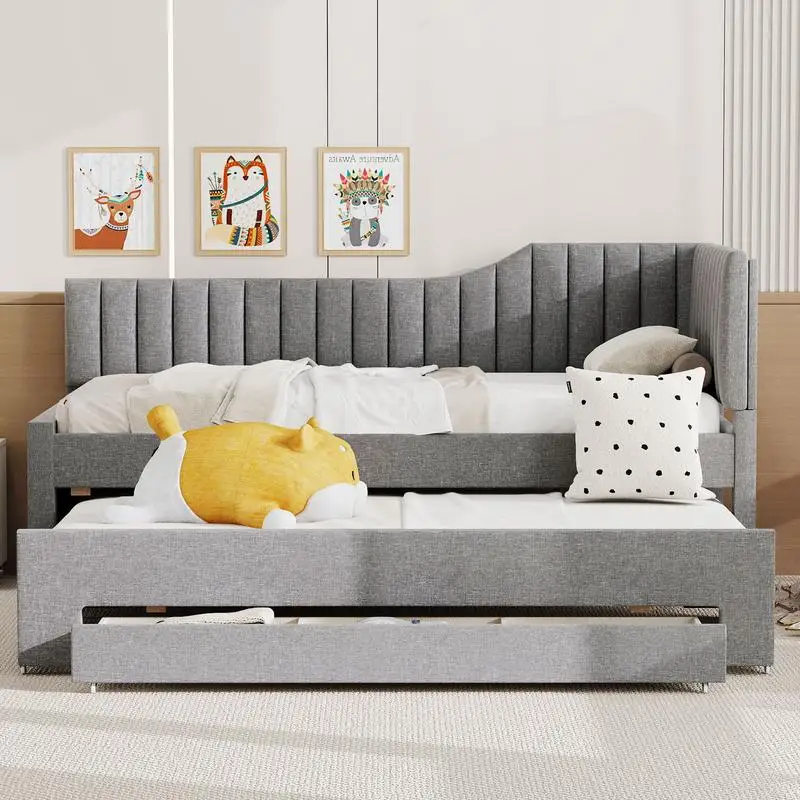 سرير نهاري منجد باللون الرمادي مع دولاب و3 أدراج - حل أثاث غرفة نوم أنيق وعملي #2