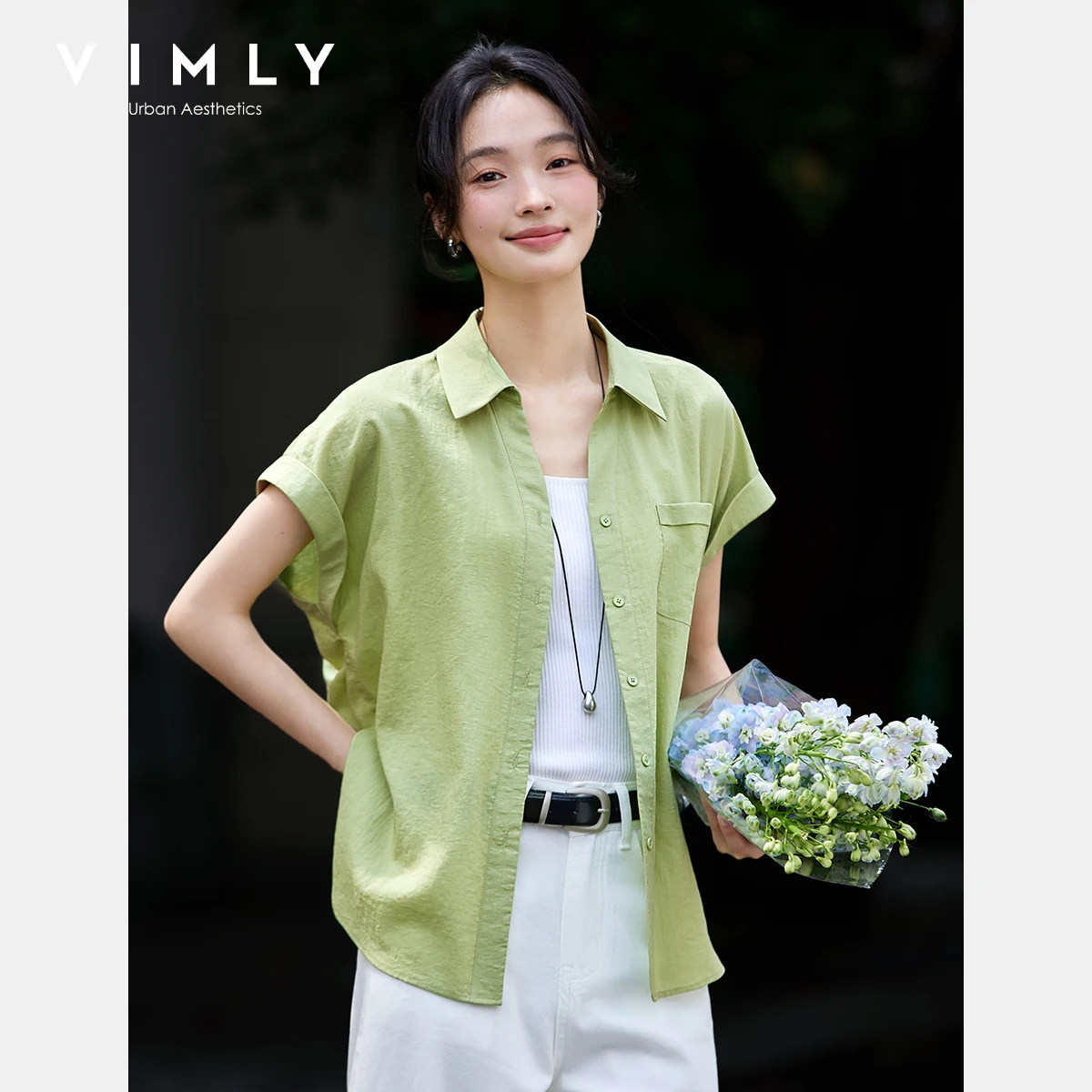 

VIMLY Bud Green Short Sleeve Shirt Casual Women's 2025 Summer Loose Cardigan Turn-down Collar Woman Tops Camiseta Mujer A1850