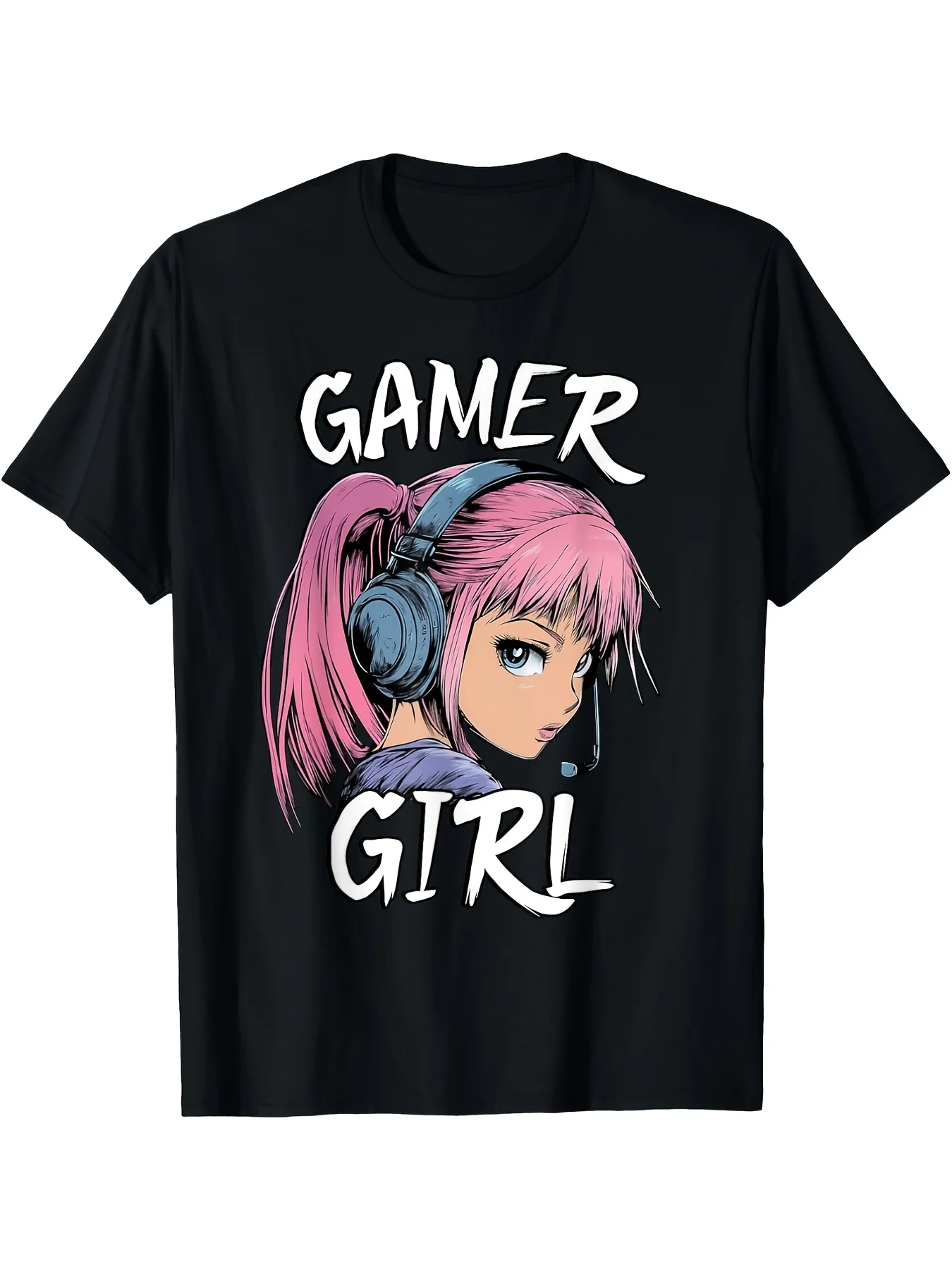 Men & Female Teens Gamer Girl Graphic T-Shirt - Retro Gaming Outfit with Pink Hair, Headphones & Controller Design, Soft Comfortable Round Neck Tee Suitable for Casual Wear, Gym, Outdoor Activities - Ideal Gamer Gift (Machine Washable)