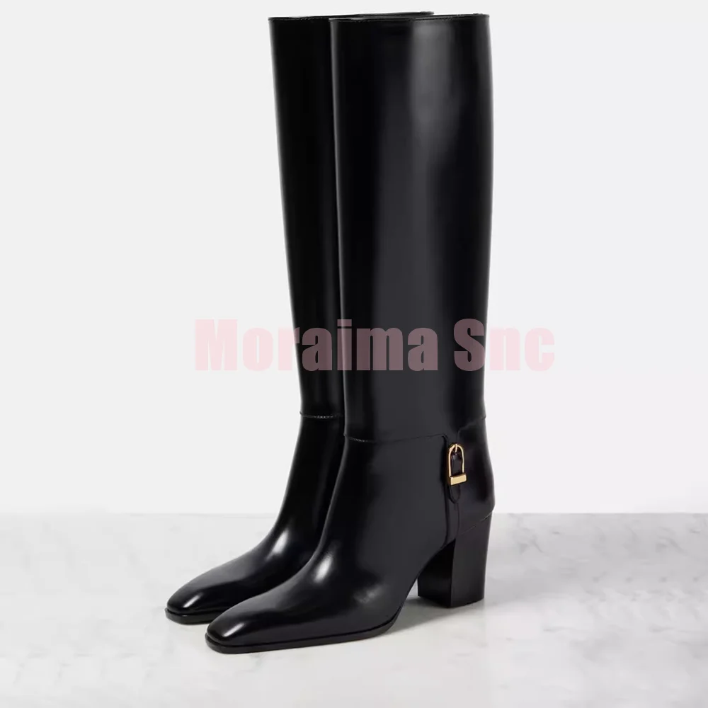 

Модные сапоги до колена с металлической пряжкой и острым носком, сексуальные женские длинные современные сапоги без шнуровки на массивном каблуке, осень-зима 2026, новинка