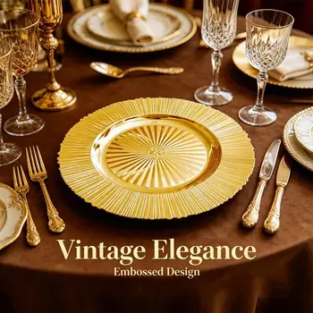 Luxury Gold Sunburst Charger Plate – Vintage Embossed Design 1