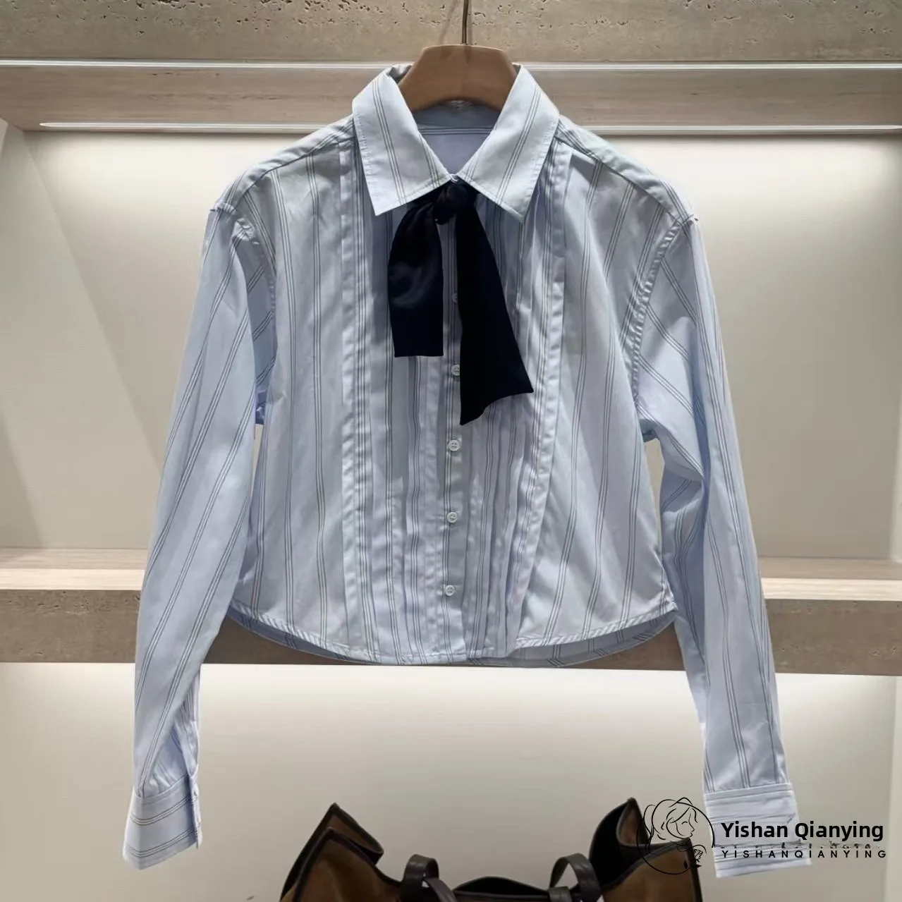   ort Gestreepte irt voor dames in de vroege herfst Fre College Sle Contrasterende kleur Gordel Geplooid Puur katoen Lange sl...