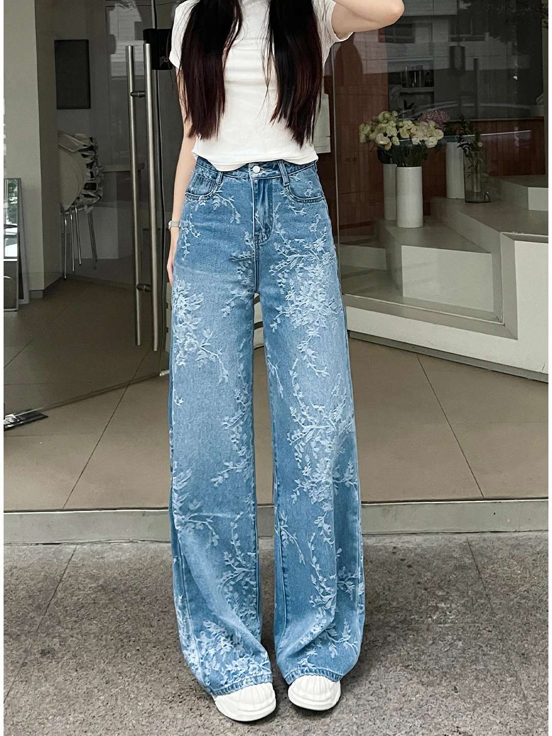 Embroidered Floral Wide Leg Jeans Women's Summer New Thin Printed High Waist Drape Slim Straight Tube Pants Casual Style