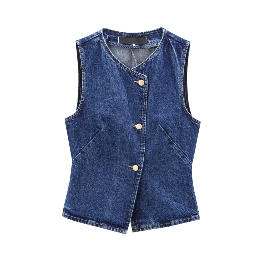 PB&ZA2024 autumn new women\'s clothing style slim fit and simple sleeveless round neck short denim vest top