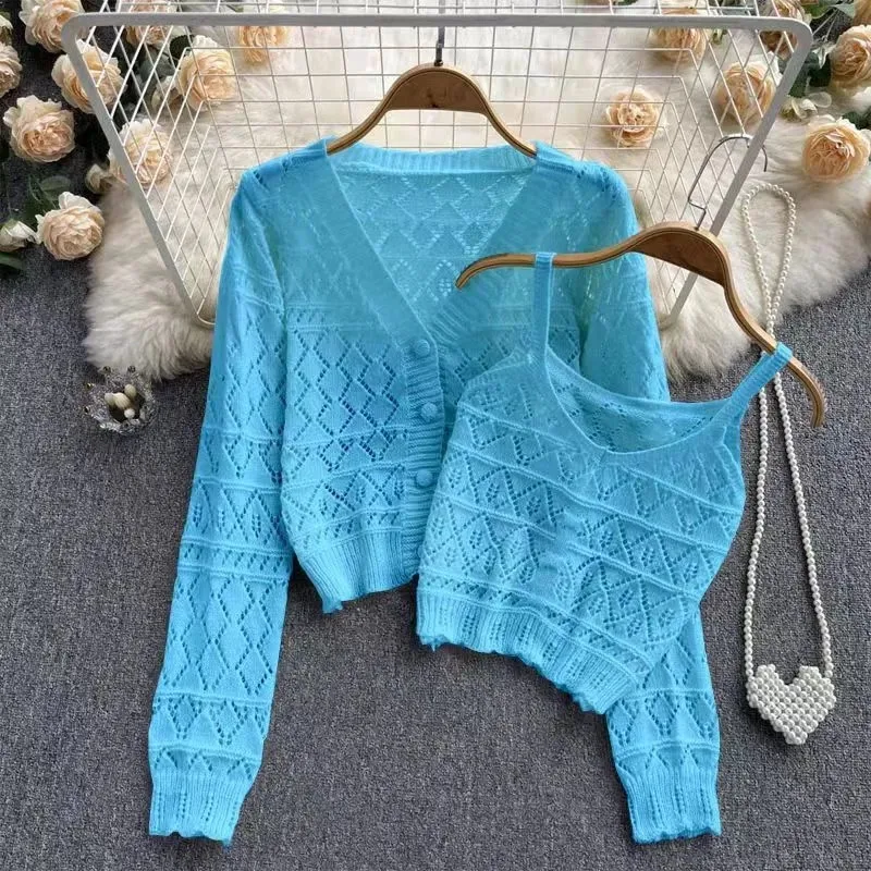 Hollow Knit Sweater Suit Femme Spring Autumn Women's Fashion Gentle  Knitted Top Cardigan Coat With Suspender Two-Piece Set