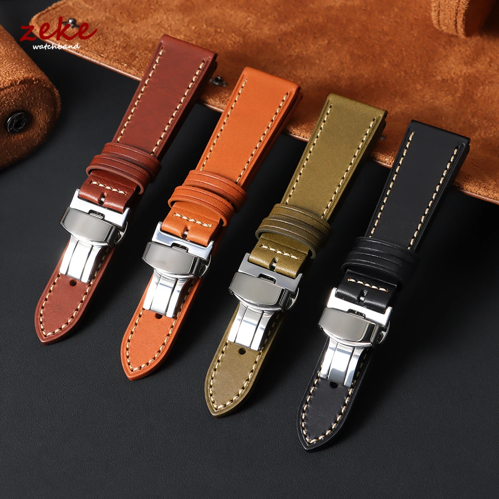 Vintage Brown Wax Oil Cowhide Watch Band 20mm 22mm Hand-Stitched Top-Grain Leather Watch Strap Butterfly Clasp Wristband for Men