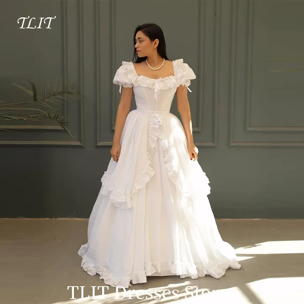 

TLIT Lovely Ivory Organza Tiered Evening Dresses Strapless Short Ruffles Sleeves Prom Gowns Customized Corset Vestido da noite
