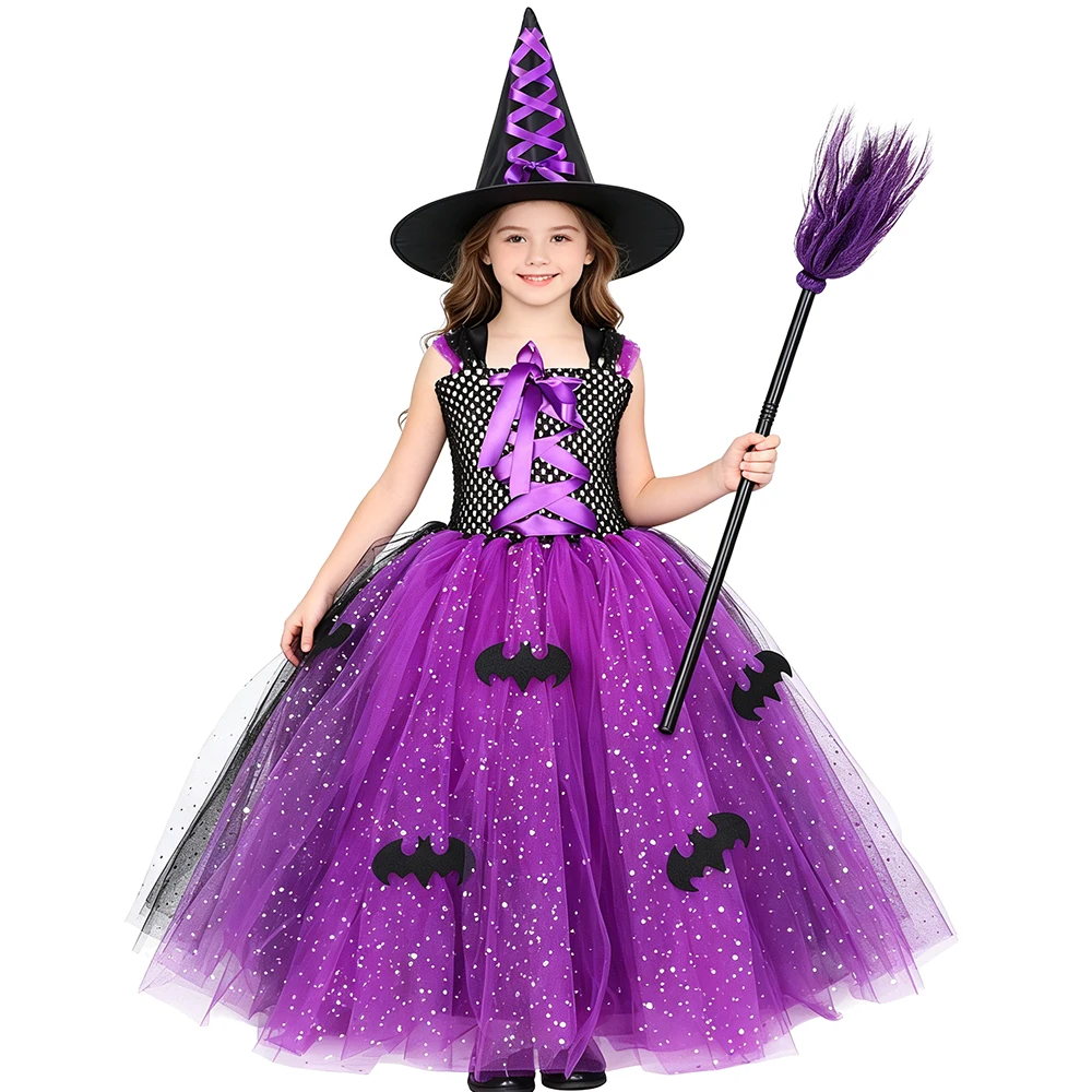 Glitzer-Hexenkostüm für Mädchen Halloween Tutu-Kleid Schwarz-Lila Böse Fledermaus-Hexe Tüllkleid Kinder Karneval Party Verkleidung