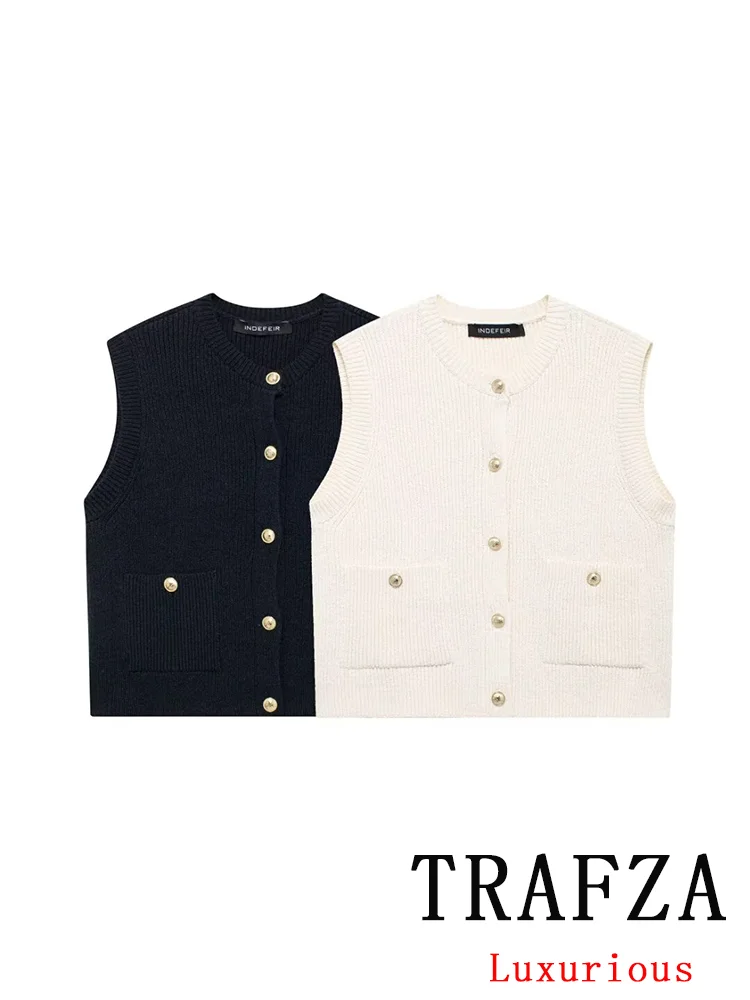 TRAFZA Vintage Casual Vest Solid O-Neck Sleeveless Single Breasted Knitted Buttons Sweaters Fashion 2024 Autumn Female Cardigans