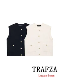 TRAFZA Vintage Casual Vest Solid O-Neck Sleeveless Single Breasted Knitted Buttons Sweaters Fashion 2024 Autumn Female Cardigans