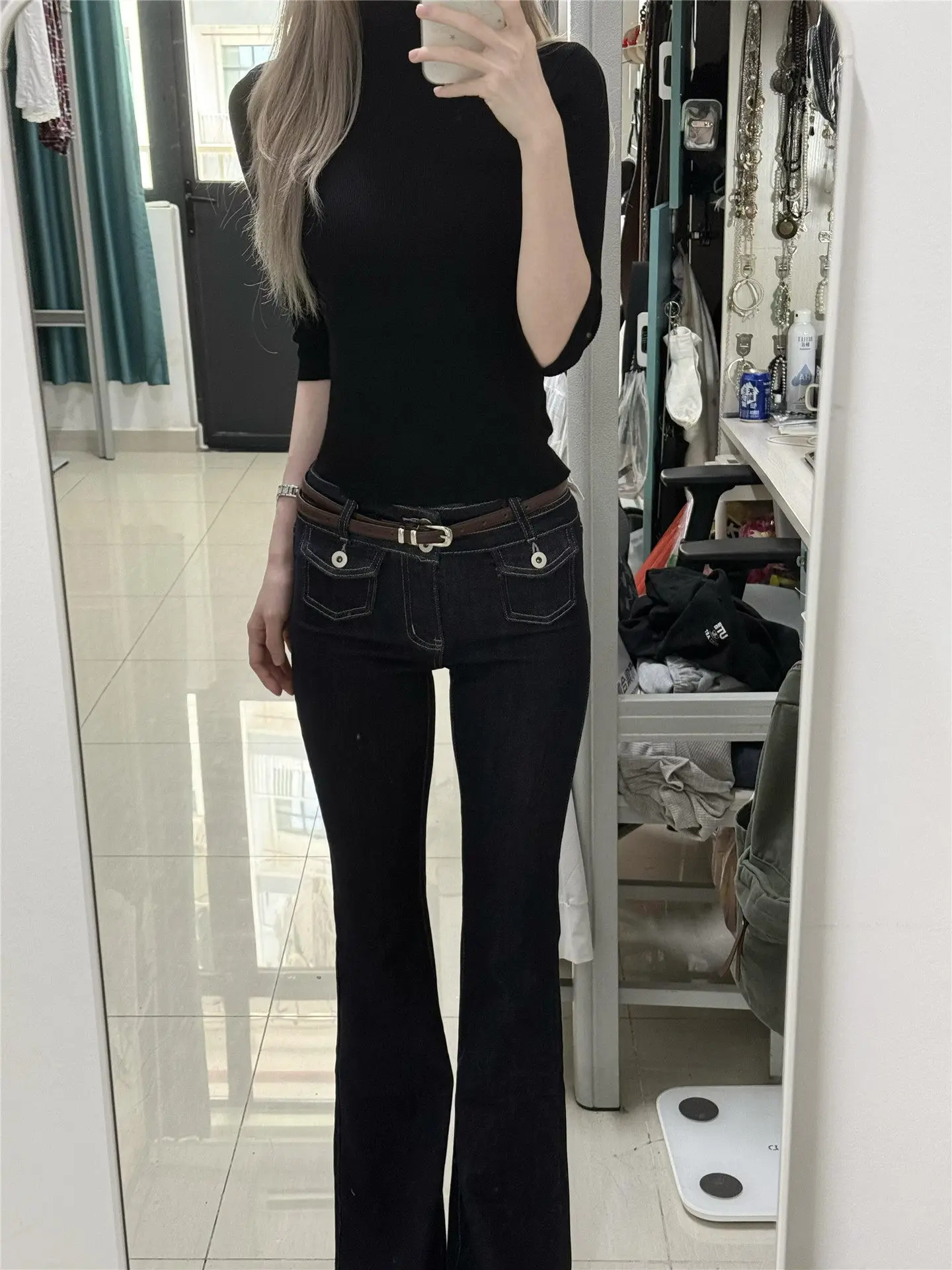 Women's Low Rise Flared Jeans Black Bootcut Jeans American Retro Denim Pants Y2k Japanese 2000s Harajuku Bell Bottom Skinny Jean