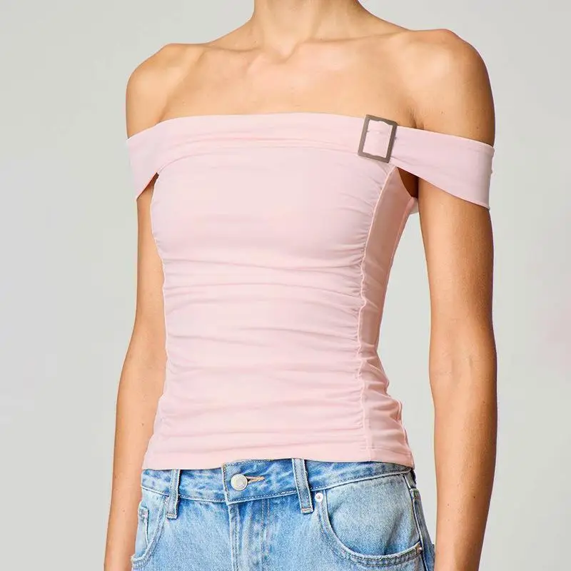 

Y25TP74 Women's Slim Fit One oulder T-irt Summer New Sle Pure Color Folded Hem Vest Warmth Function Eight Sve