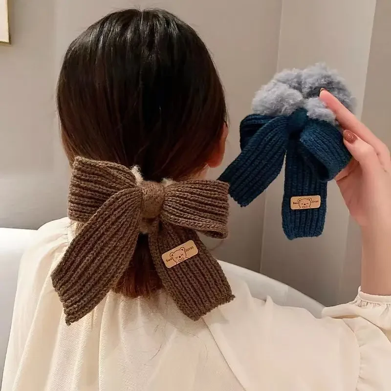 

Lamb Wool Bow Hair Rings - Knitted Winter Hair Ties for Girls, Soft Solid Wool Hair Accessories Hair Pins