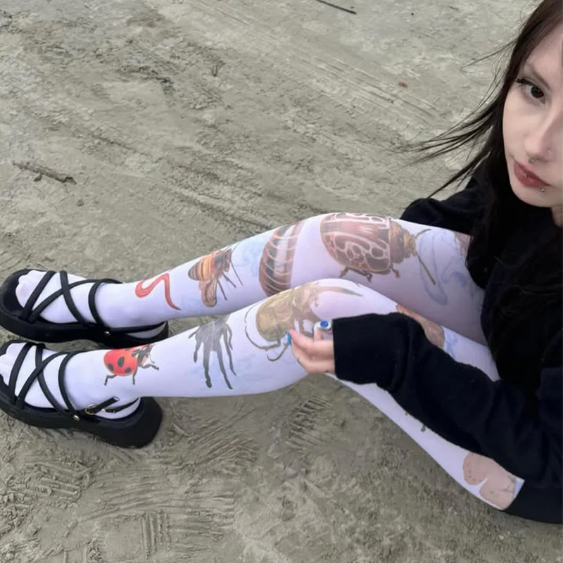 الكرتون المطبوعة الحشرات جوارب طويلة النساء جوارب لطيف تصميم الأزياء القطن الأبيض جوارب طويلة جوارب الراحة #1