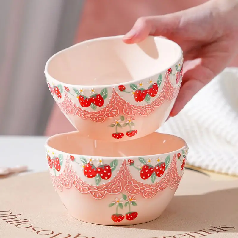 Cute Relief Strawberry Ceramic Bowl,Hand-paint Underglaze Color Pink Tender Rice Dessert Bowl,Personalized Decorative Tableware
