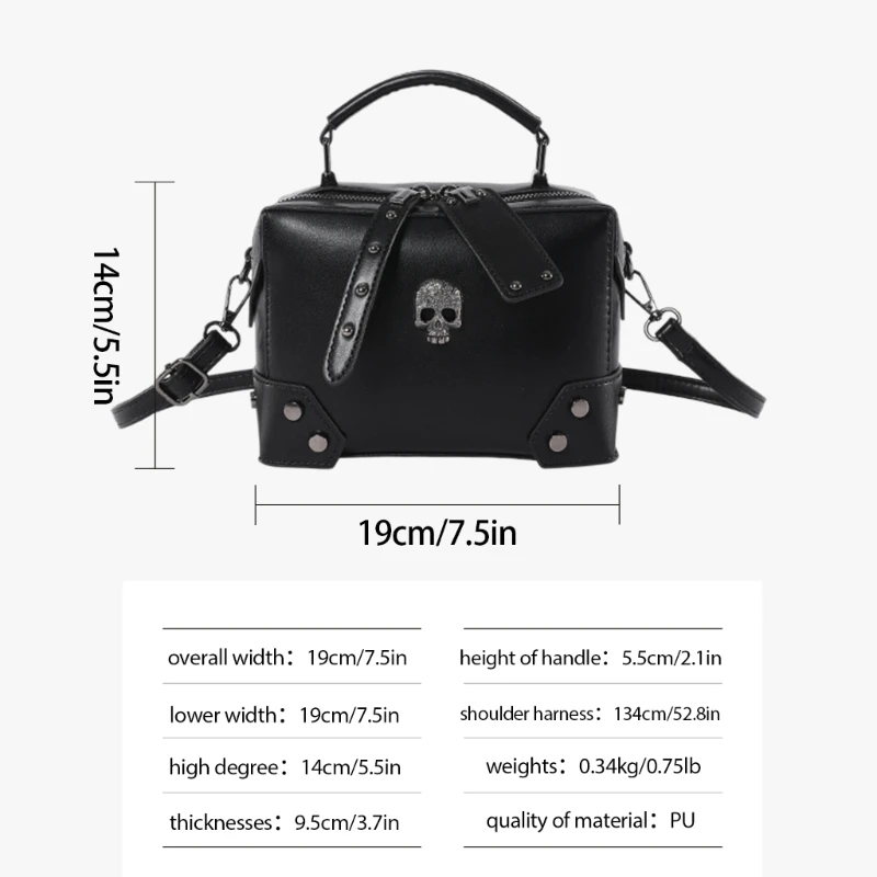 PU Leather Small Shoulder Handbag Gothic Punk Skull Crosses Chain Crossbody Bag Purse with Top Handle for Daily Use