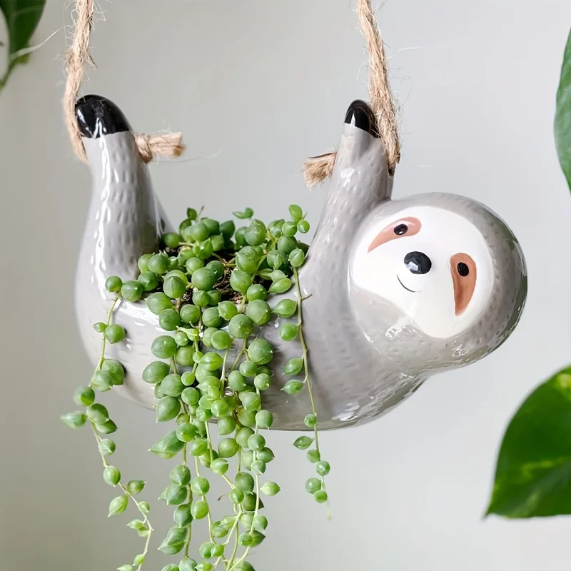 1pcs Vintage Sloth Ceramic Hanging Planter Wall Mounted Flower Pot for Home Garden Decor -  Retro Indoor/Outdoor Planters