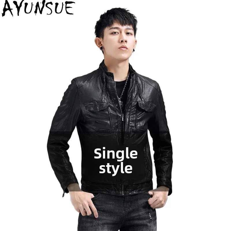

AYUNSUE New 100% Real Sheepskin Genuine Leather Jackets Man Autumn Winter Short Men's Pure Leather Jacket Motorcycle Down Coat