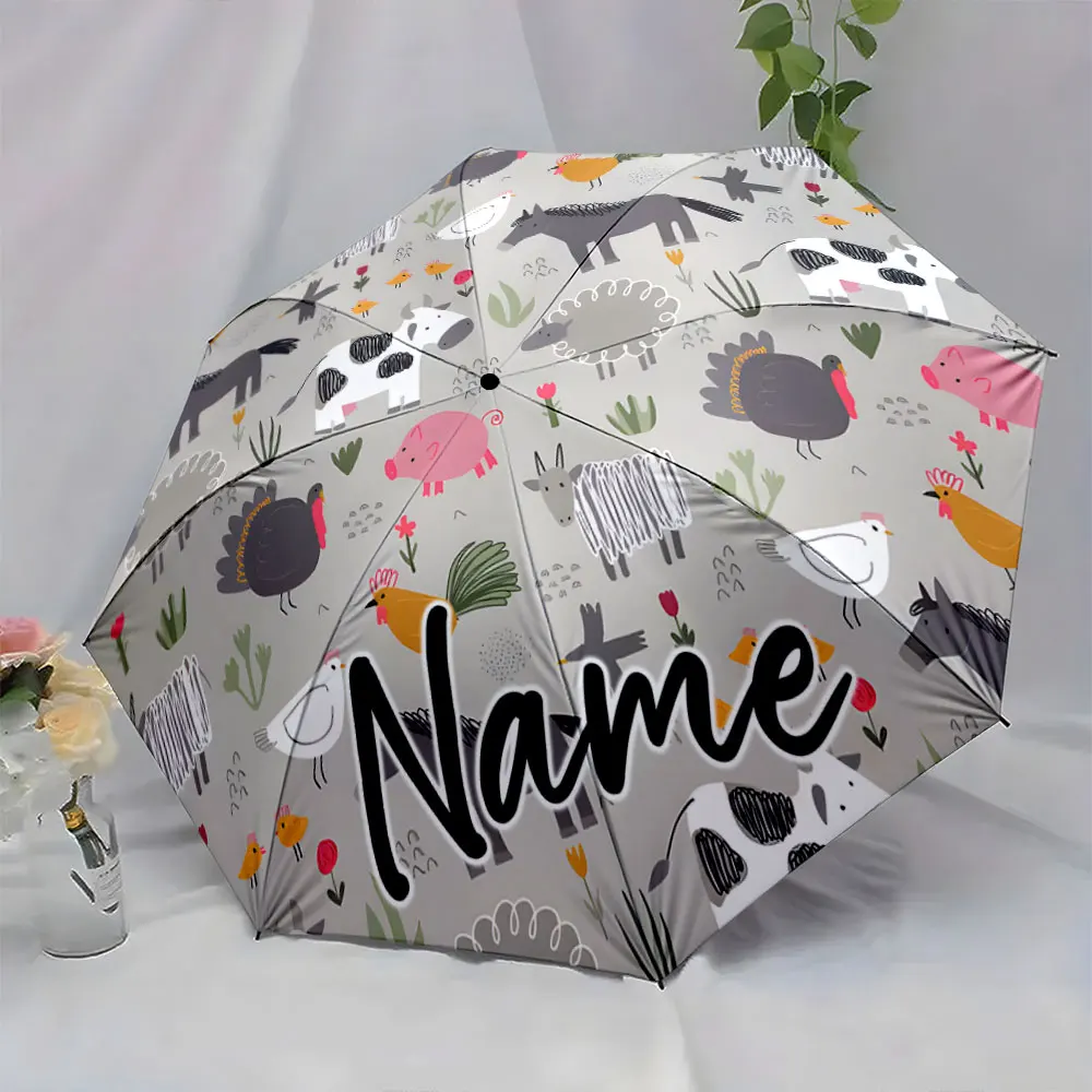 Custom Name Colorful Animal Design on a Stylish Umbrella Print 8 Iron Ribs Folding Umbrella Auto-Open Fashion Sunshade