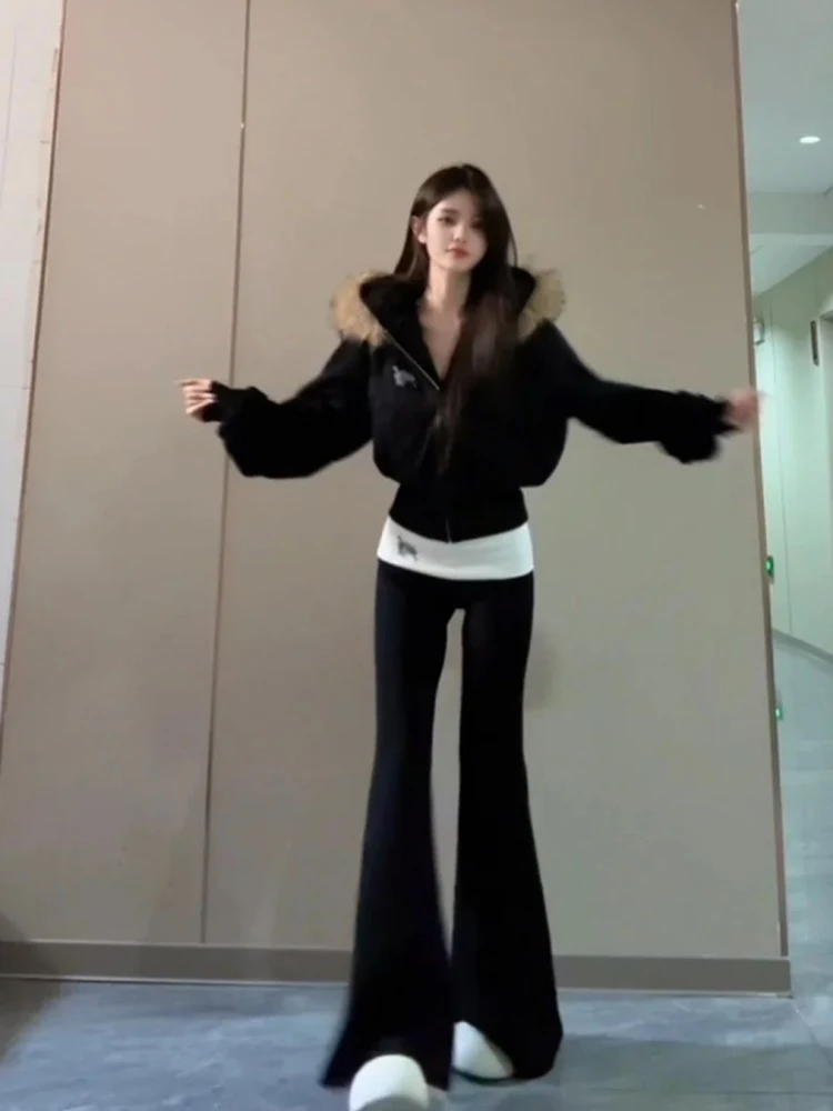 

Зимний модный утепленный комплект из двух предметов: пальто с капюшоном и микро-клеш брюки с высокой талией, женский, в корейском стиле, свободный крой