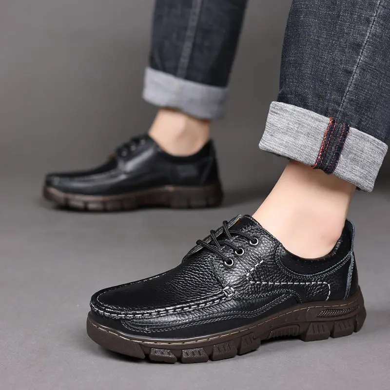 

Кожаные лоферы из воловьей кожи с круглым носком на толстой подошве для мужчин, обычная роскошная распродажа, элегантная дизайнерская мужская повседневная обувь по низкой цене