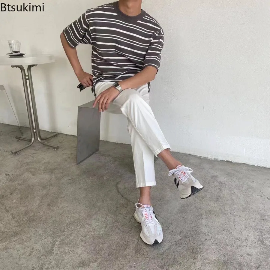 الصيف موضة تنوعا الحياكة س الرقبة تي شيرت للرجال عادية فضفاض قصيرة الأكمام بلايز الرجال مخطط شخصية الملابس اليومية #4