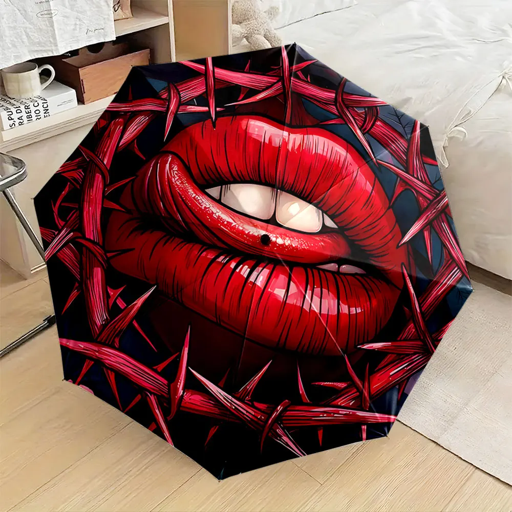 1PC Bold Umbrella Design with Red Lips and Thorn Motif Print 8 Iron Ribs Folding Umbrella Auto-Open Fashion Sunshade