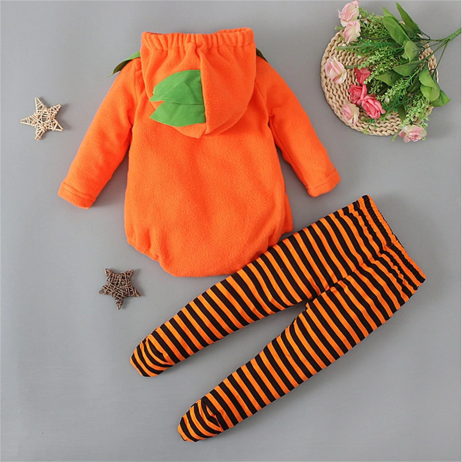 Baby Halloween Cute Outfits Orange Pumpkin Face Fleece body e Stripes Leggings 2 pezzi Set il mio primo Costume da bambino di Halloween