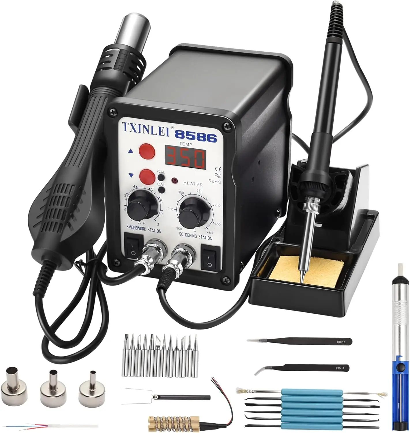 

8586 110V Solder Station, Digital Display Hot Air Rework and Soldering Iron with 12 Tips, Tweezers, Desoldering Pump, 700W 480°C