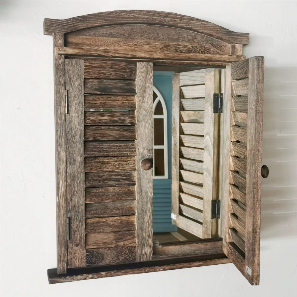 Fake window decorative mirror window frame solid wood meter box blocking garden balcony wall pendant