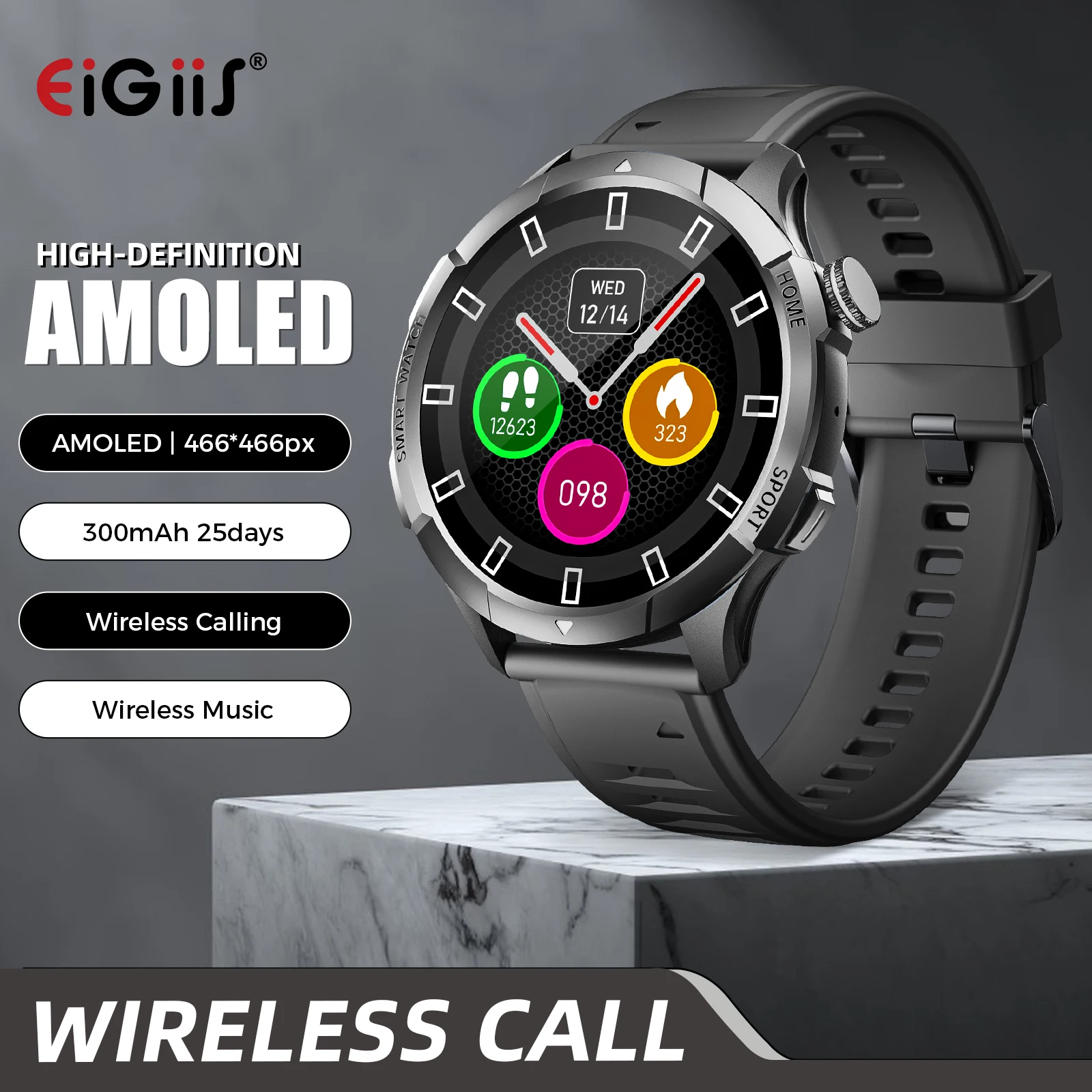 

EIGIIS Smart Watches for Men with LED Flashlight Large Battery 1.43” AMOLED Heart Rate/Sleep Monitor 5ATM Waterproof Smartwatch