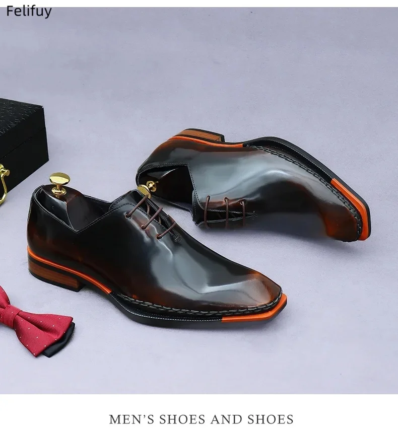 New British Patent Leather Men's Business Dress Shoes Retro Square Head Polished Handmade Genuine Leather Oxford Shoes for Men
