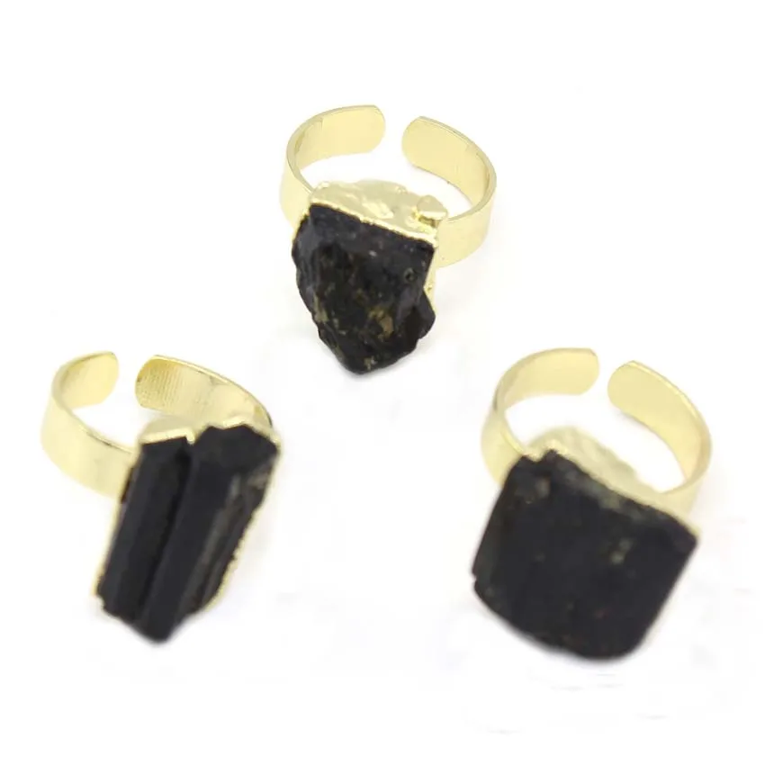Trendy-beads Yellow Gold Color Resizable Irregular Shape Black Tourmaline Crystal Stone Men Ring For Father\'s Day Gift Jewelry
