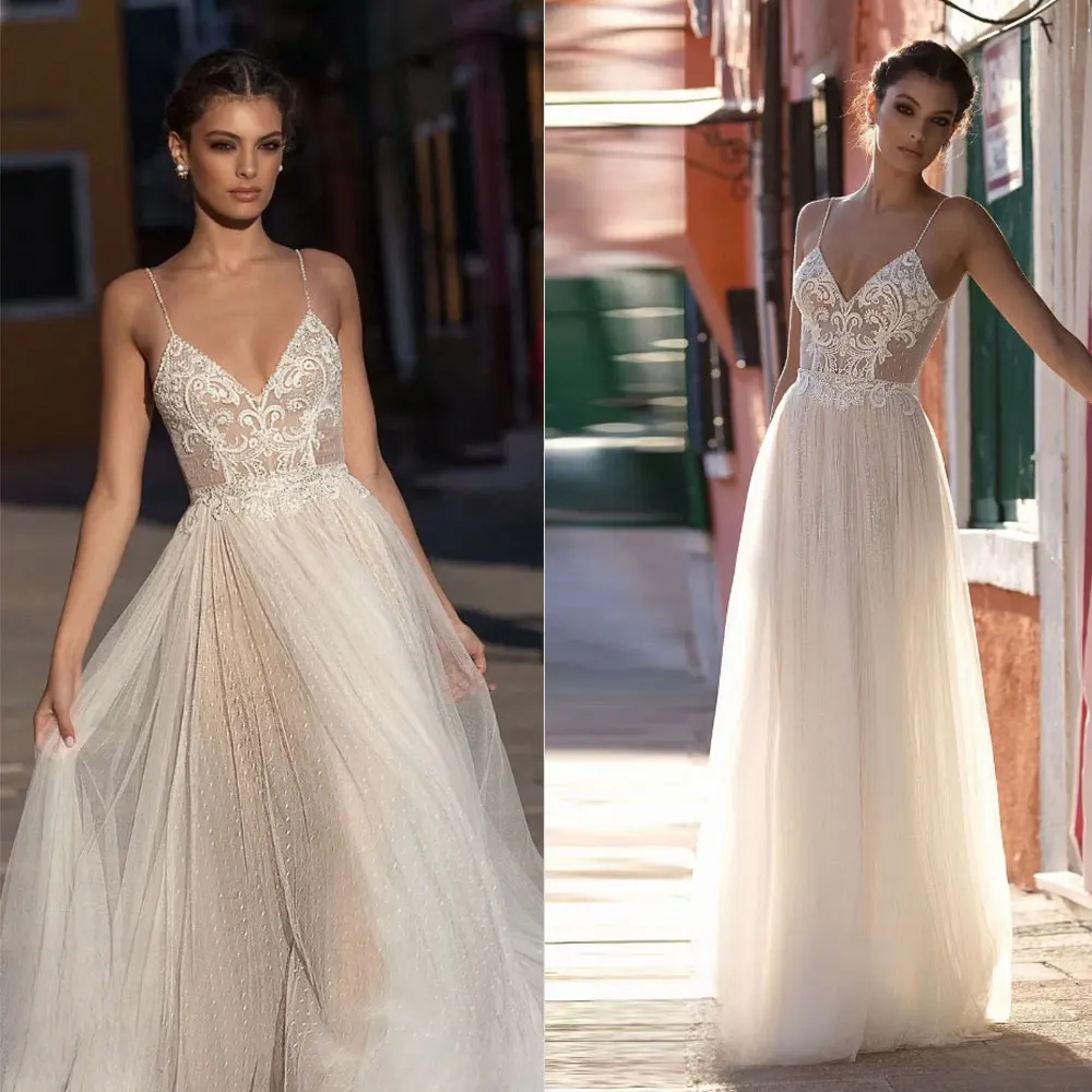 Robe de mariée en fil blanc simple, ligne A, sangle spaghetti, train de balayage, appliques en dentelle, mariage de plage, quelle que soit la sion meurtrière, robe bon marché pour les patients