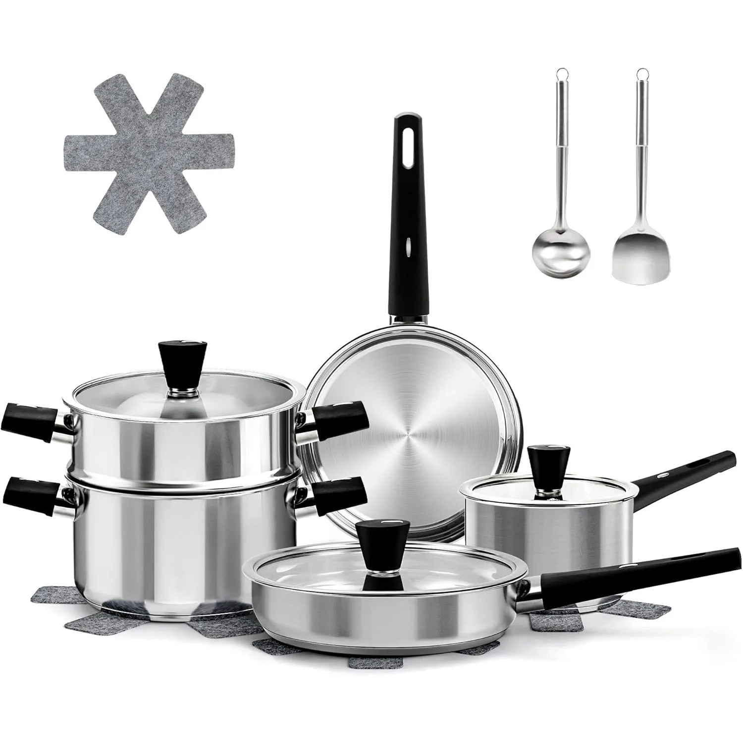 

Stainless steel non-toxic cookware set, 14 piece set, kitchen electromagnetic cookware with insulated handle and steamer