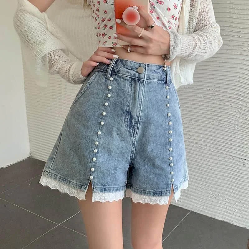 Denim Shorts for Women Large Size Vintage Casual Bud Silk Patchwork Vent Korean Style Jeans A-line Wide Leg Pants Women Clothing