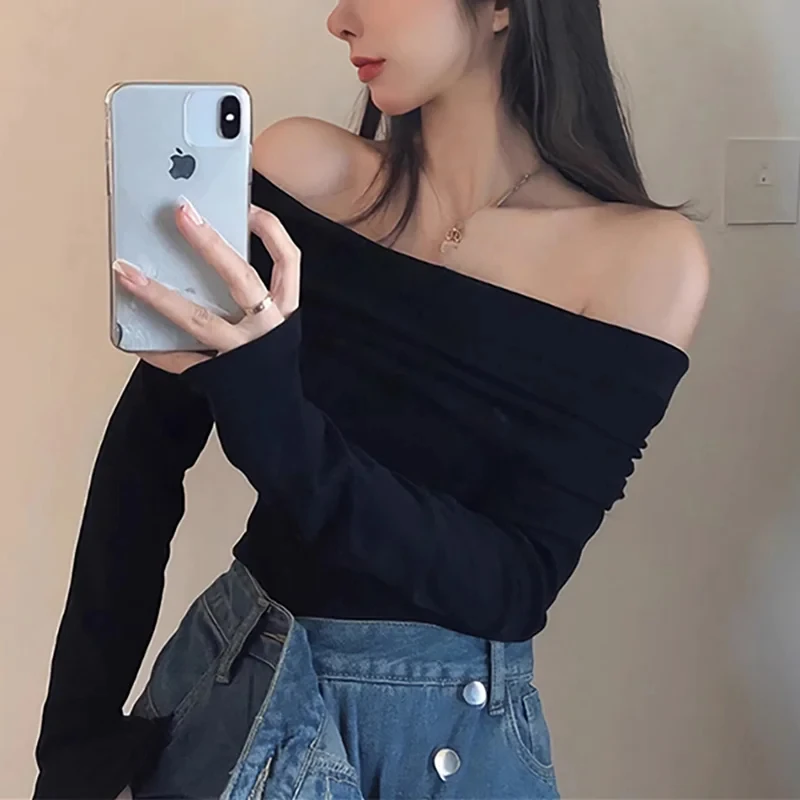 Black Sexy Tops Off Shoulder Long Sleeve T-shirt Women's Solid Elegant Spring/Summer New Spicy Girl Slim Fit Short Red Crop Top