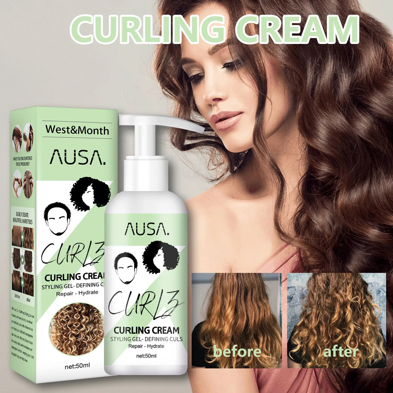 Moisturizing Curly Elastin Styling Hair Moisturizing Conditioner-Cream Hair-Treatment For Curls Hair Elastin Hair Curly, 50ml