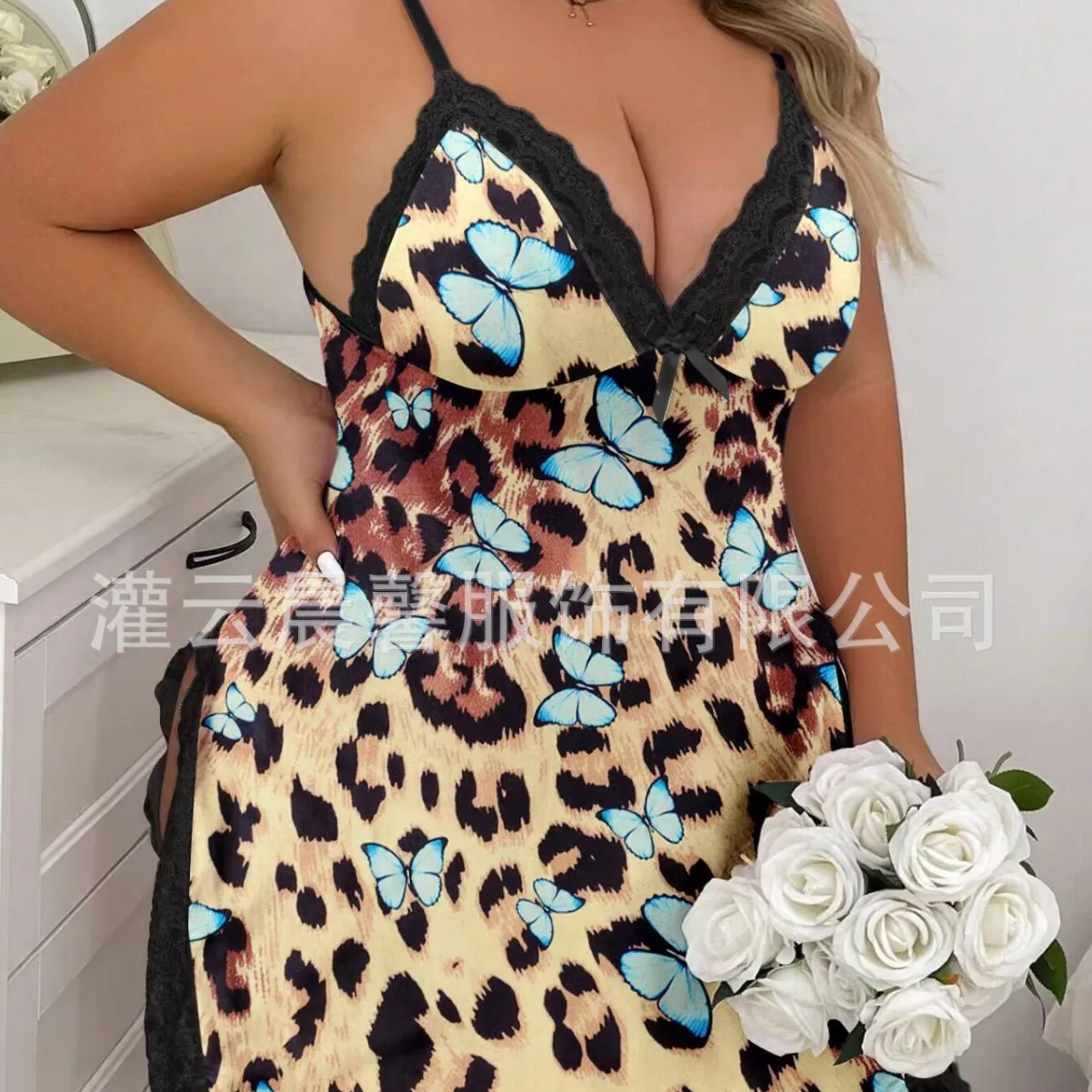 

Трансграничная популярная домашняя сексуальная ночная рубашка Amazon большого размера с принтом, пижама с разрезом на подтяжках cw18159