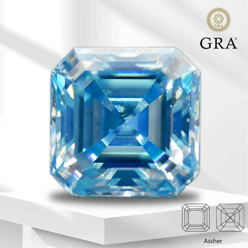 

Moissanite Stone Aquamarine Asscher Cut for Pass Diamond Tester Gemstone Charms Jewelry Making Materials with GRA Certificate