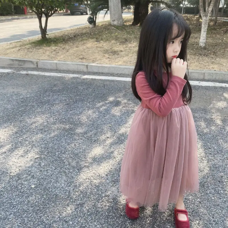 2026 Autumn Girls' Australian Fleece Long Sleeve Puffy Tulle Princess Dress Soft Skin-Friendly Kids Clothing for 4-12 Years Old