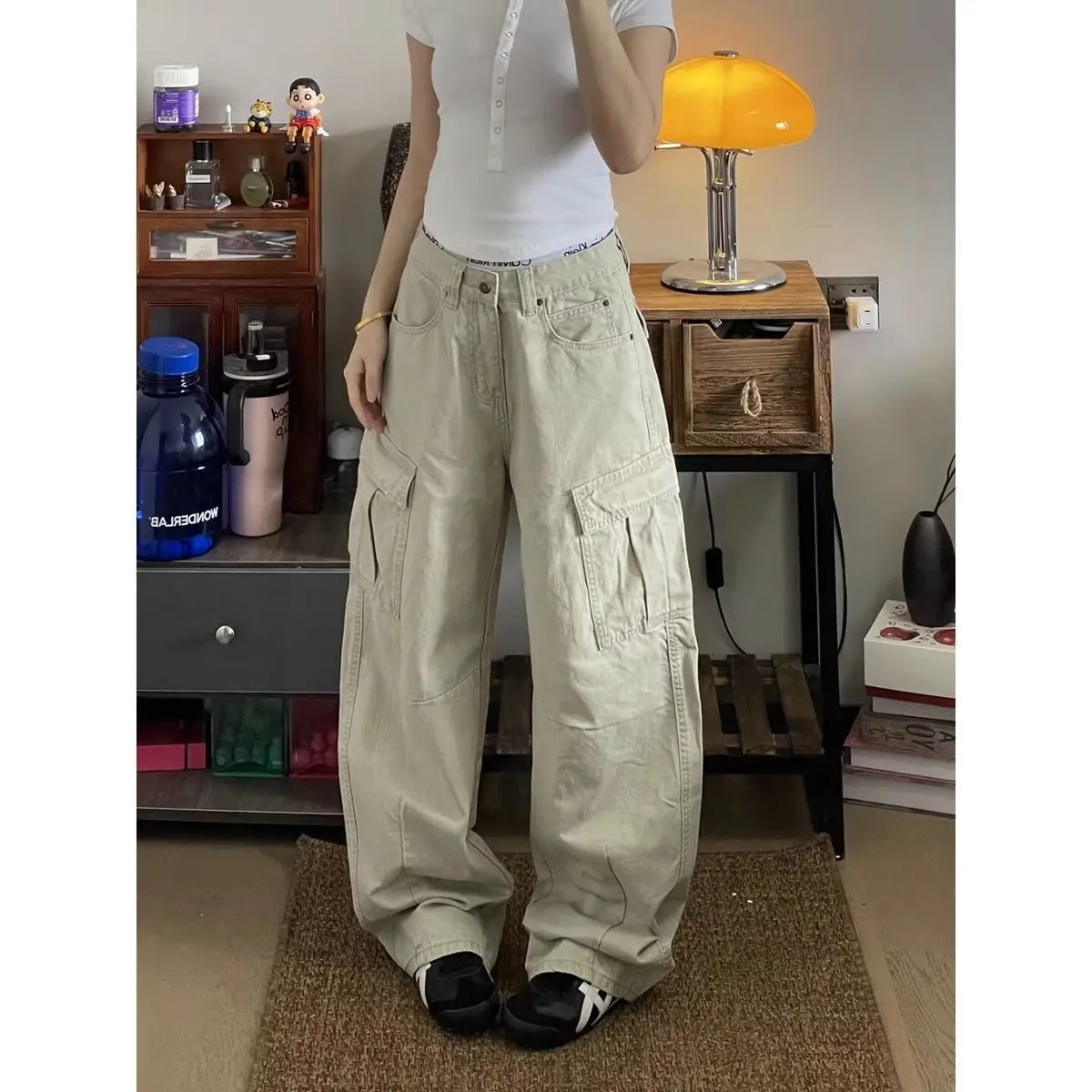 Women's Multi-pocket Solid Color Cargo Pants Spring Wide Leg Sweatpants Cool Girl Bottoms Female High Waisted Trousers