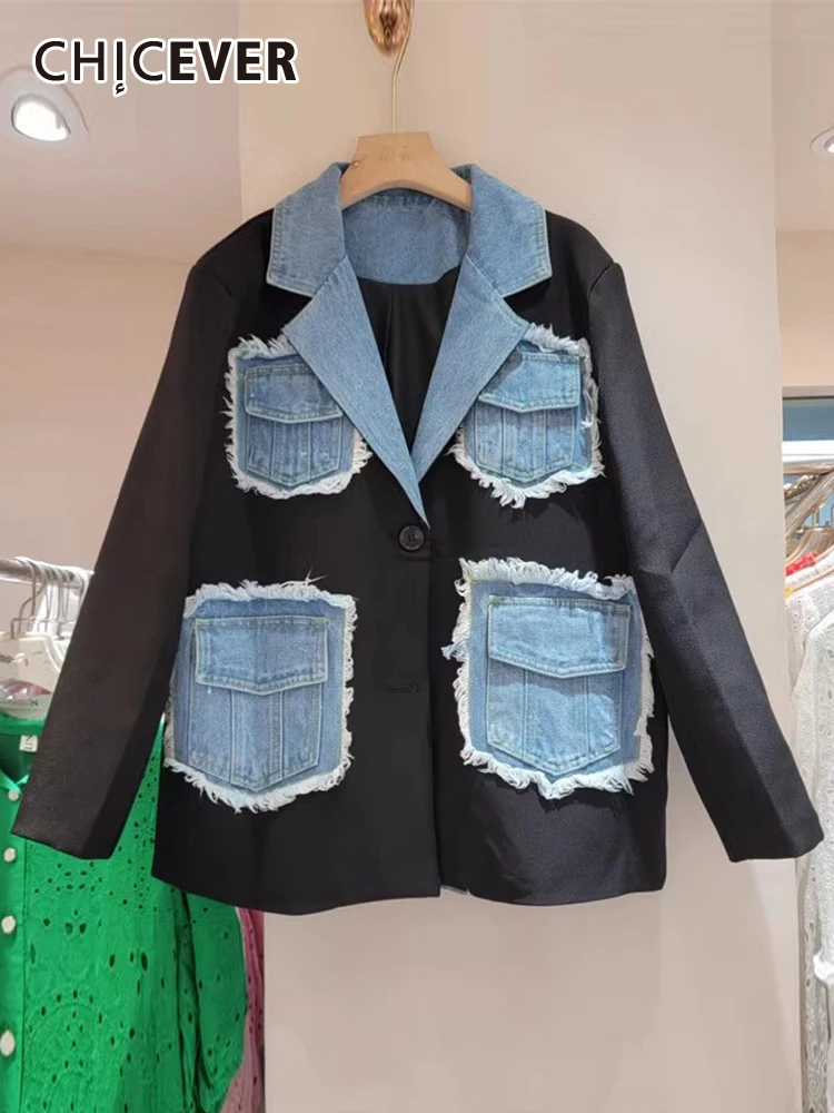 CHICEVER Patchwork Denim Blazers For Women Notched Collar Long Sleeve Hit Color Loose Raw Hem Blazer Female Autumn Clothing New